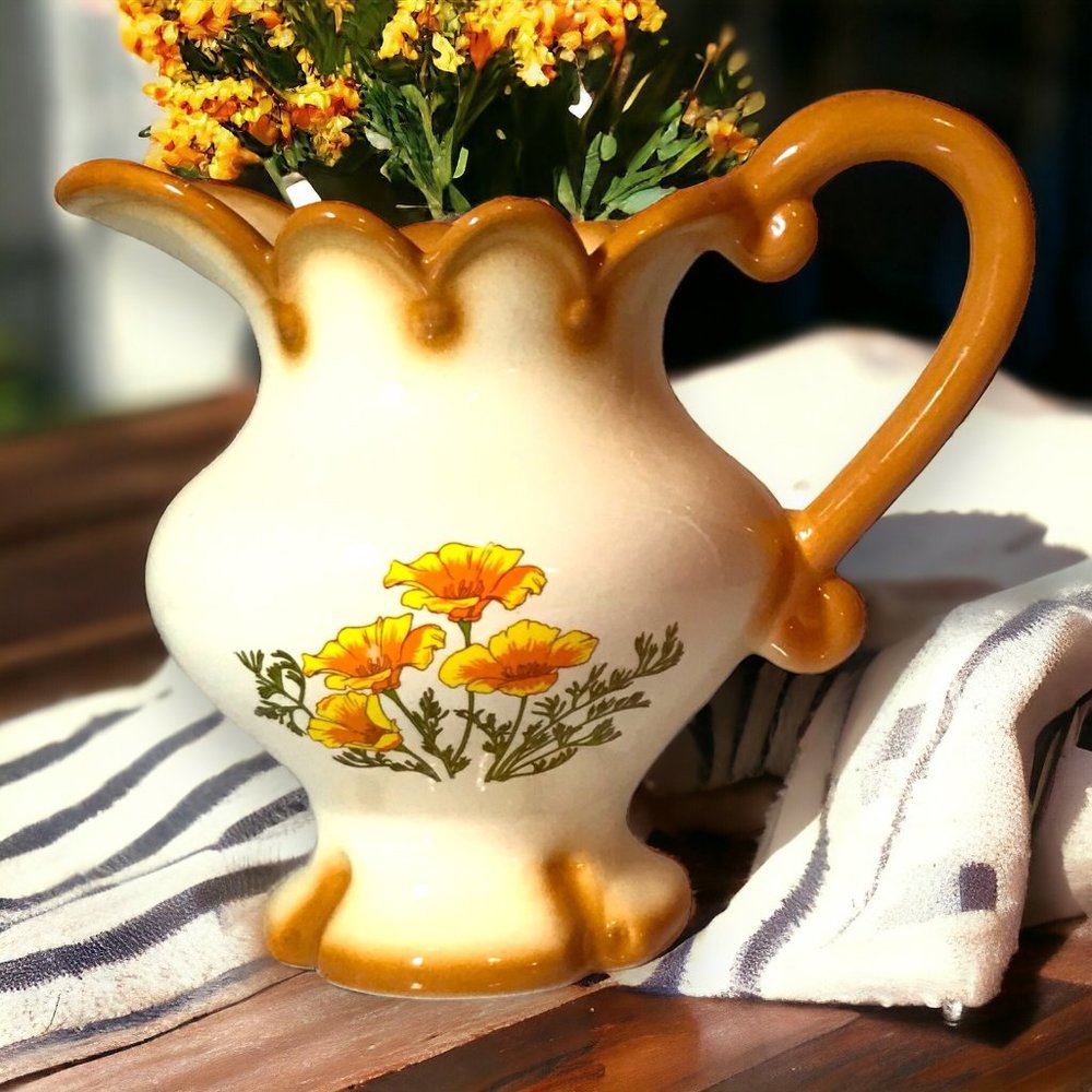 Vintage Handmade Ceramic Pottery Water Pitcher Retro Floral‎ Design Vase